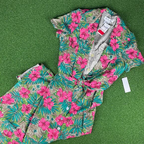 Maggy London Dresses & Skirts - Maggy London Teal Pink Floral Short Sleeve Button Front Shirt Dress Sz 12